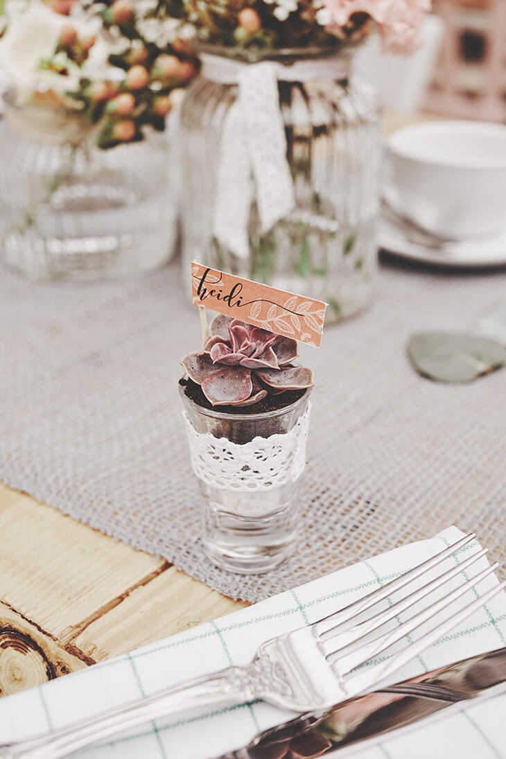 Sukkulenten als Gastgeschenk und Platzkarte zur Hochzeit